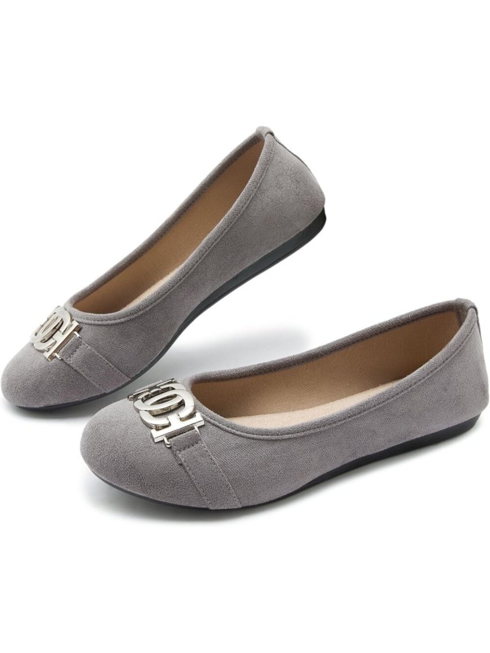 Women's Grey Comfortable Slip On Round Toe Casual Pull On Ballet Flats